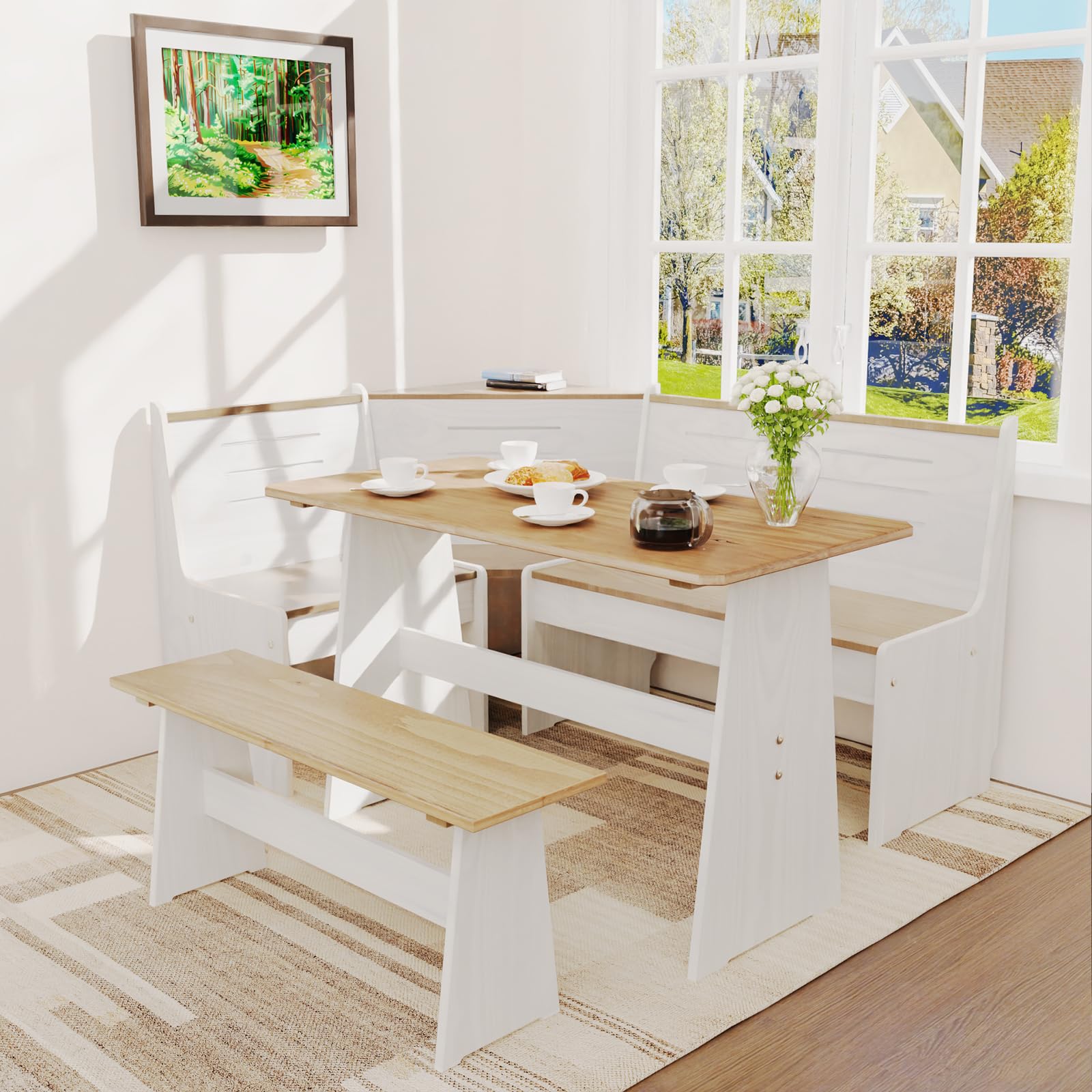 Photo 1 of *** TABLE ONLY ****Gracava Breakfast Nook Table Set - Kitchen Dining Room White Bench Seating L Shaped Corner Table Solid Wood Space Saving Apartment Seats 4 to 6 People