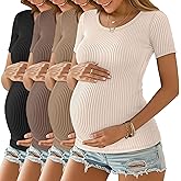 Oakgarden 4 Pack Women's Maternity Shirts Ribbed Knit Maternity Tops Short Sleeve Crew Neck Summer Basic Pregnancy Clothes