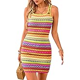 PRETTYGARDEN Womens 2026 Summer Mini Dresses Square Neck Sleeveless Tank Bodycon Striped Boho Sundress Beach Vacation Outfits