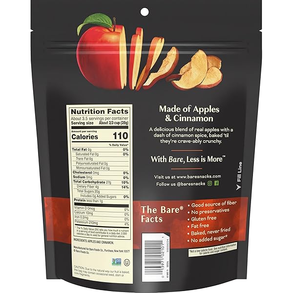 BARE BAKED CRUNCHY APPLE CHIPS, CINNAMON APPLE, GLUTEN FREE, 3.4 OZ BAG