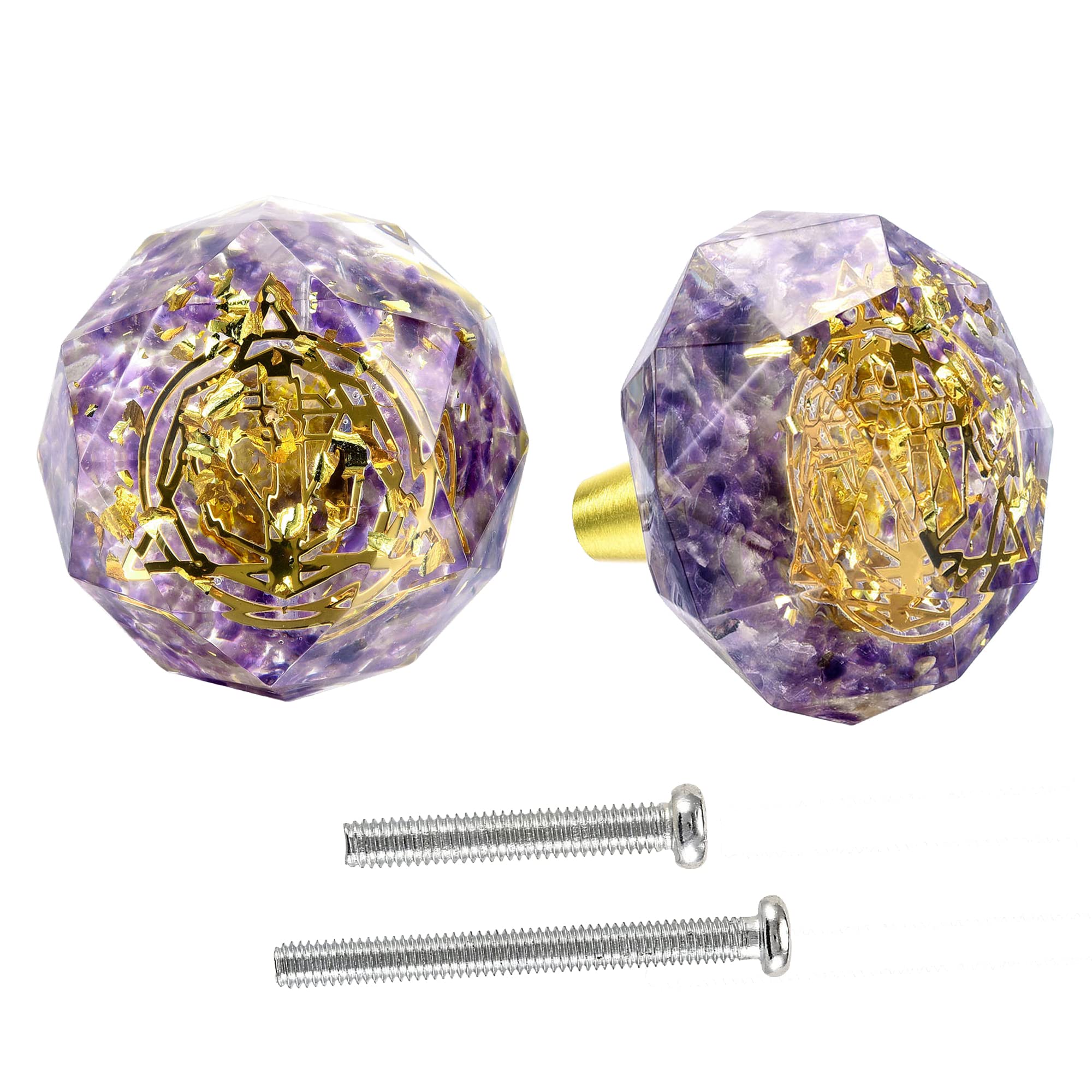 Lpraer 2Pcs Cabinet Knob Resin Amethyst Drawer Pulls Decorative Chakra Symbol Wardrobe Closet Door Handle with Screws for Kitchen Cupboard Dresser Home Farmhouse Bedroom Bathroom