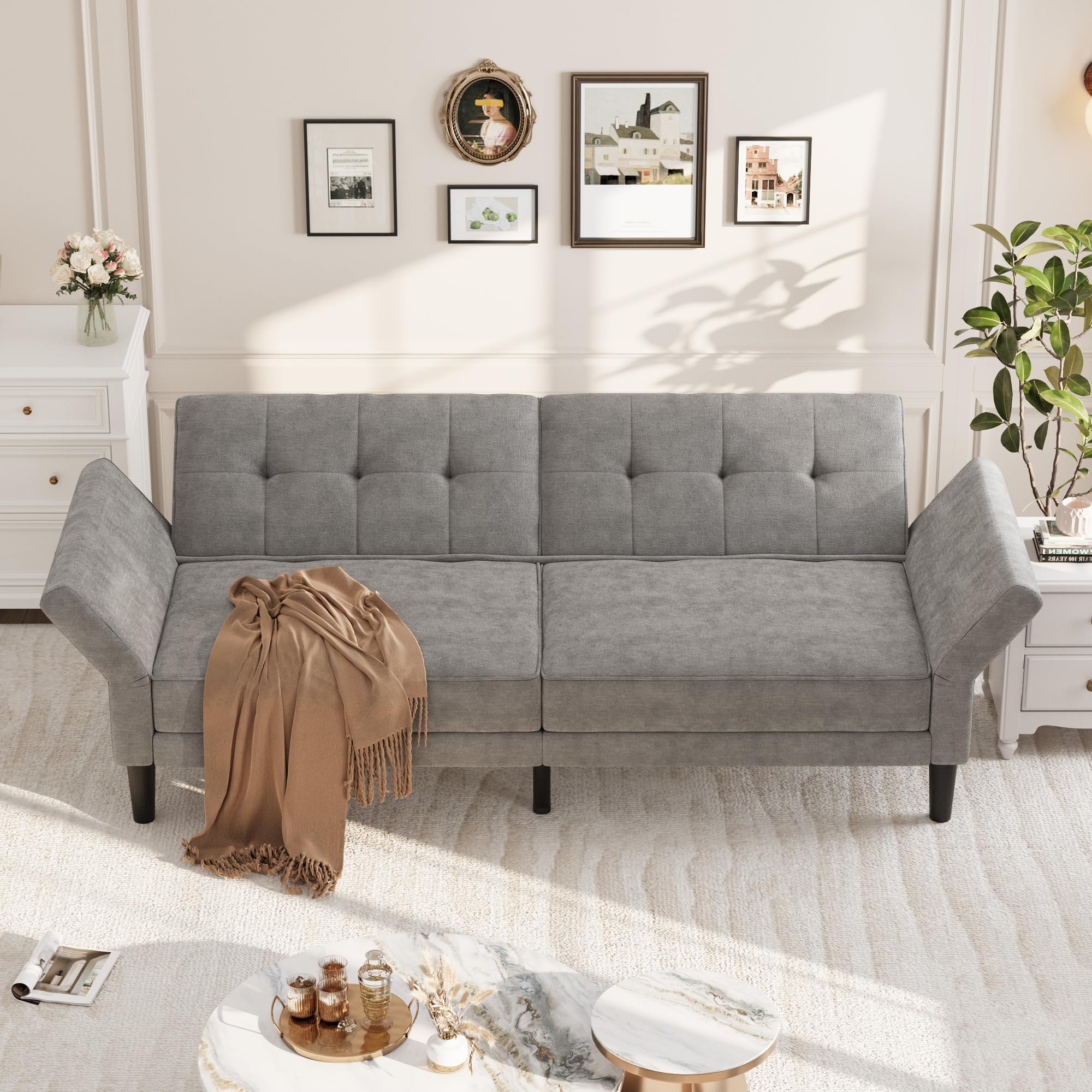 Photo 1 of IDEALHOUSE 89" Futon Sofa Bed, Modern Chenille Sleeper Couch with Adjustable Backrest & Armrest, Convertible Futon Couch for Living Room Bedroom Apartments, Silver Gray