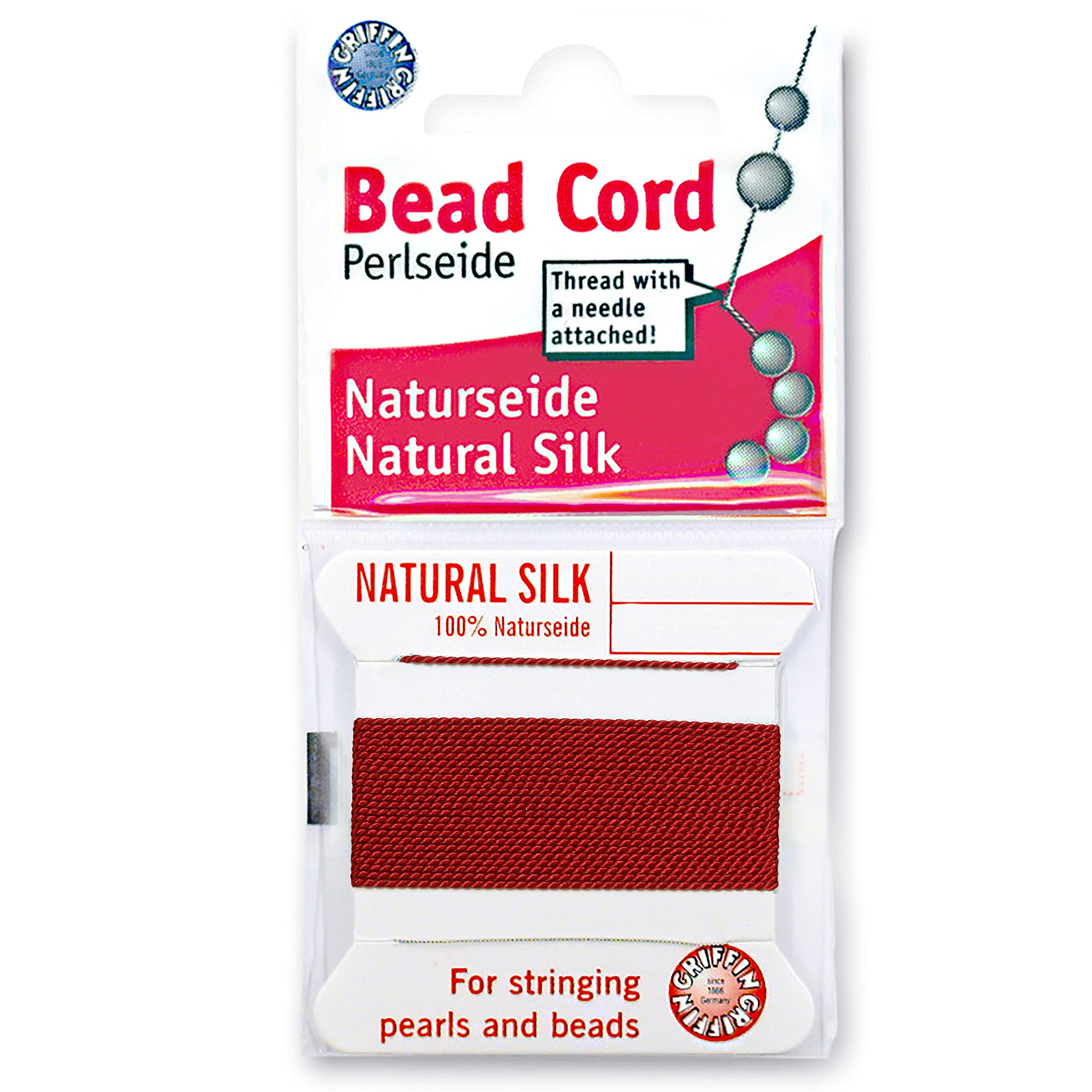 Griffin Silk Bead Cord Perlseide – Garnet Color – Size 3 (0.50mm) – 2 Meters per Card – Stainless Steel Needle Attached – for Knotting Pearls, Gemstones, Crystals and Beads