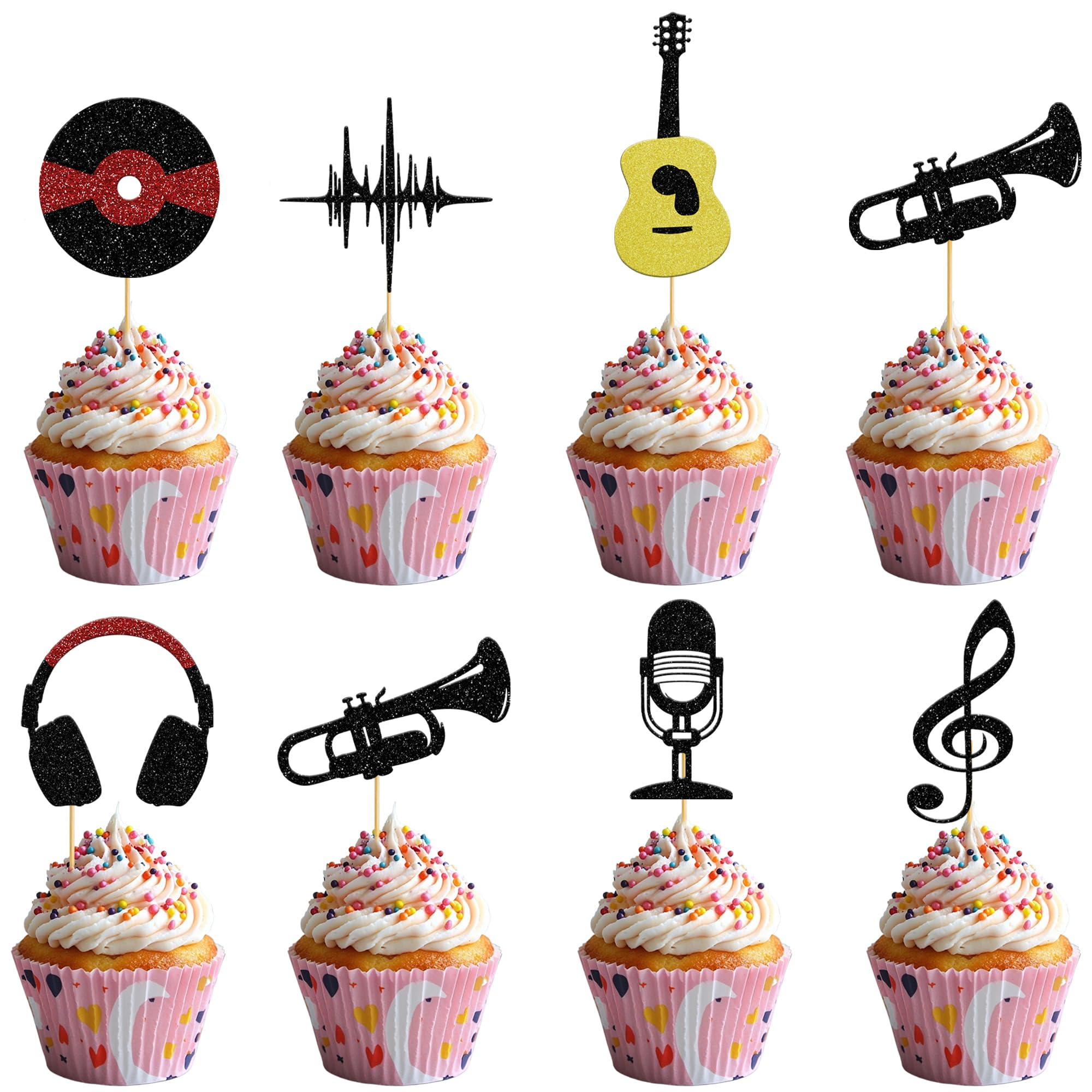 Photo 1 of 21 PCS Music Notes Cupcake Toppers Glitter Guitar Microphone Headset Saxophone Cupcake Picks Classic Music Birthday Party Decorations for Musical Rock and Roll Theme Birthday Party Decoration Supplies
