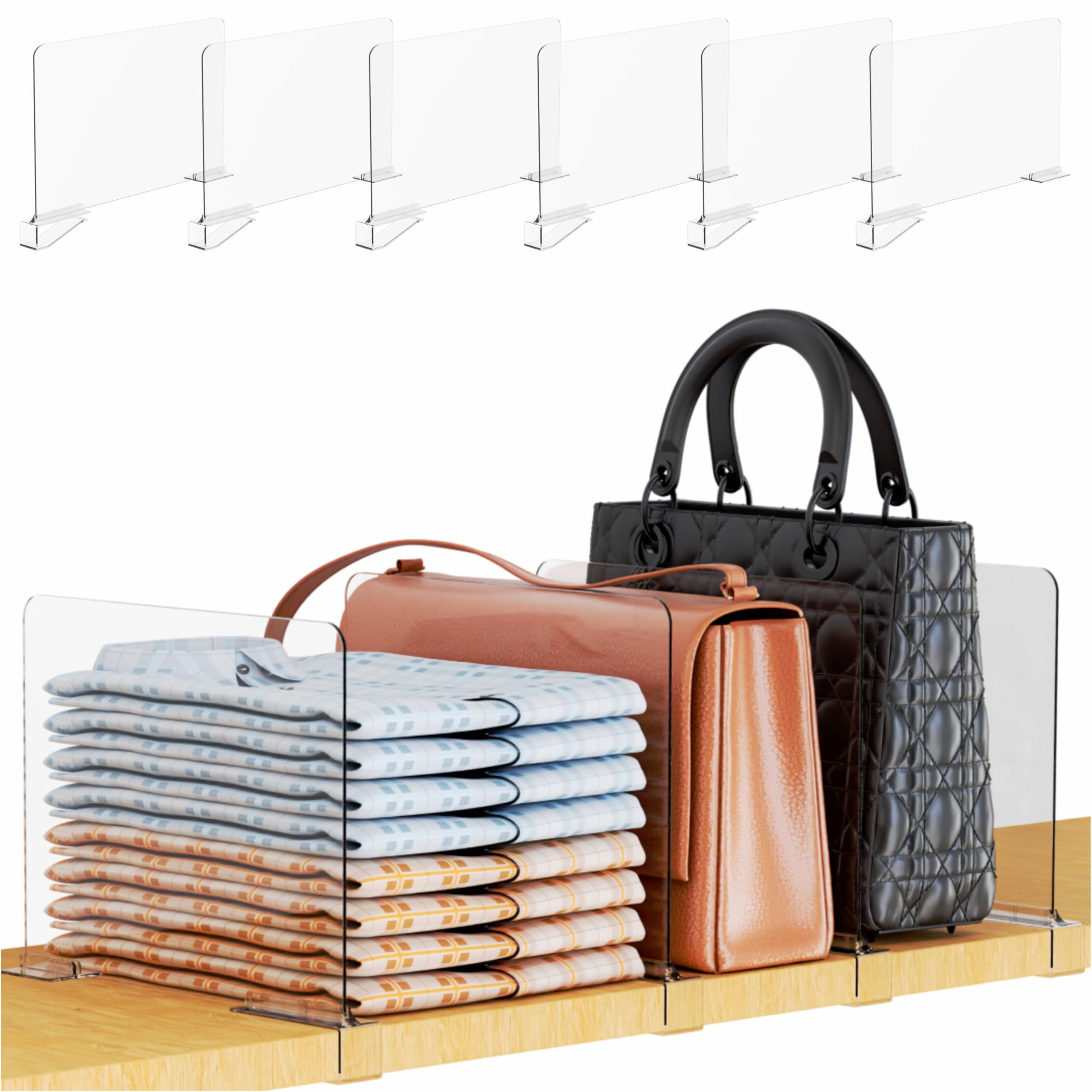 Photo 1 of Yieach 6 Pack Acrylic Shelf Dividers for Closet Organization,Towel,Sweater,Purse Organizer - Adjustable Height - Vertical Shelf Separators for T Shirt,Clear Closet Shelf Divider for Wood Shelves