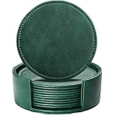 LAMOTI Leather Coasters for Drinks, 4" Drink Coasters Set of 6 with Holder for Tabletop Protection, Handmade Luxurious Home Décor and Housewarming Gift (Green)