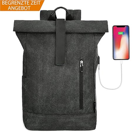 Tocode Laptop Roll Top Rucksack Canvas, Fit 16,5' Laptop Große Damen & Herren Reise Daypack mit USB-Ladegerät Port, Casual Vi