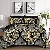 Anibedding Black Gold Comforter Set King Size, 7 Pieces Bohemian Damask Comforter Set Soft Lightweight Microfiber Bedding Set for All Season (104"x90")