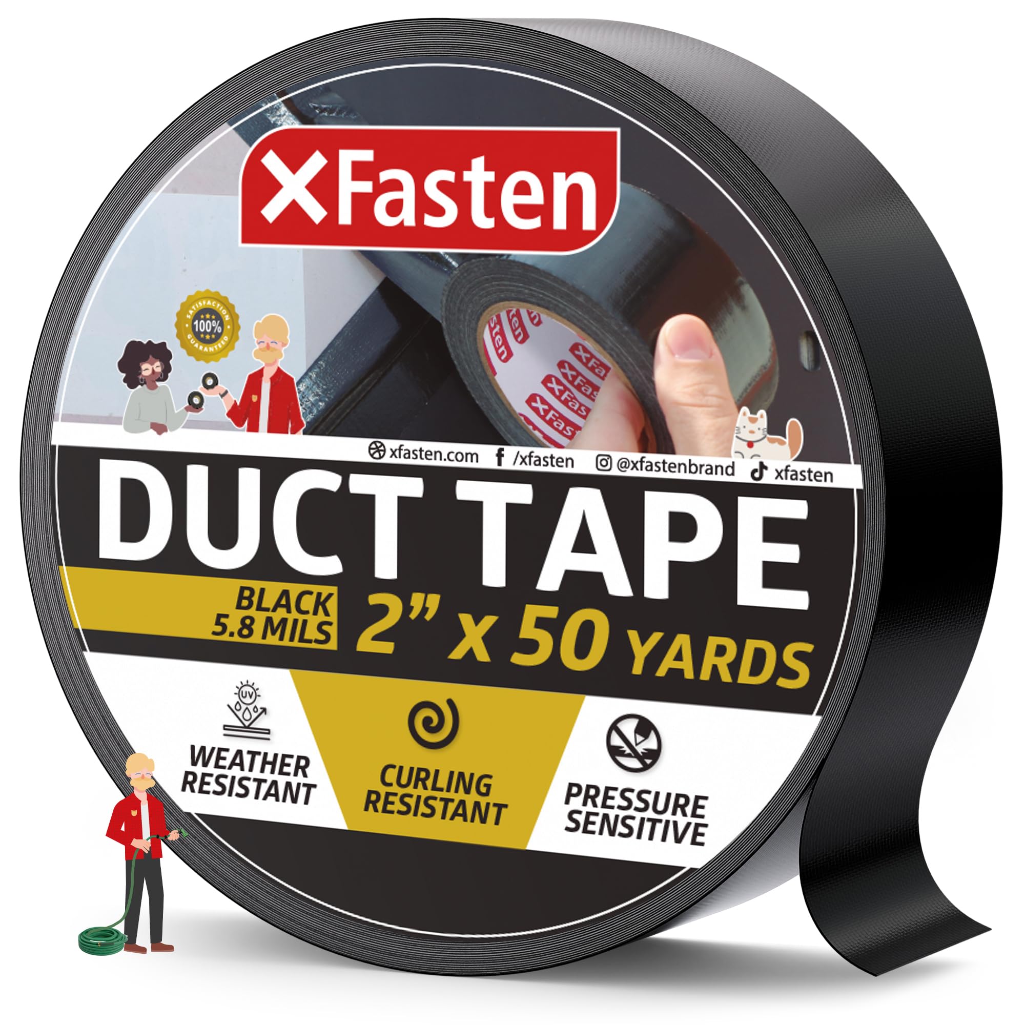 XFasten Duct Tape Black, 2 Inches x 50 Yards (50.8mm x 45.72m)