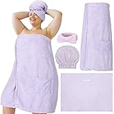 Tigeen Plus Size Towel Wrap for Women Spa Robe Set with Shower Hair Drying Turban Cap Towel Headband Adjustable Bathrobe