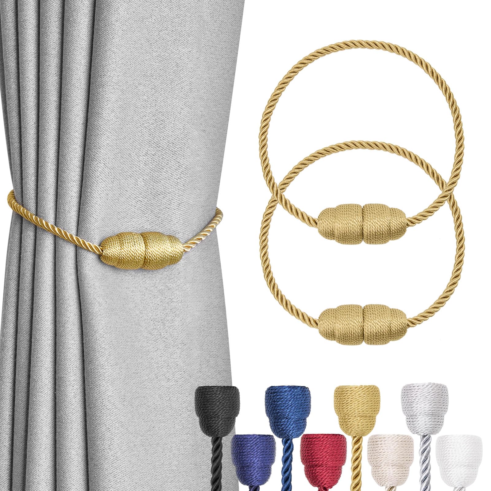 Pretty Jolly 2 Pack Strong Magnetic Curtain Tiebacks Handmade Weave Side Rope Curtain Holdbacks Unique & Elegant Decorative Curtain Drape Tie Backs for Home & Office Window Drapery (Gold)