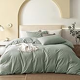 JIYUAN 100% Washed Cotton Duvet Cover Set 3 Pieces King, 1 Duvet Cover 104x90 Inches(Comforter Not Included) and 2 Pillowcases,Linen Feel Bedding Set Comfy and Breathable, Heathered Sage Green