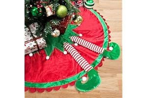 TangJing 48" Large Elf Christmas Tree Skirt with Candy Striped Legs, Xmas Tree Mat Elf Themed Decoration and Ornaments Christmas Decor Xmas Holiday Home Party Decorations