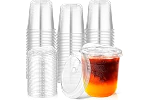 50 Pack 12oz Clear Plastic Cups with Sip Lids, Disposable Iced Coffee Cup with Strawless Lid for Party Wedding Catering Event