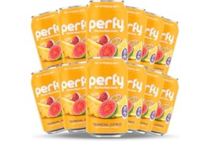 PERFY Caffeine Free Soda w/ Brain Health Benefits, Beverages w/ L-Theanine & Turmeric, Seltzer Water & Fruit Juice, Low Calorie, & Low Sugar Drinks | Low Carb, Gluten Free, Keto Soda | Made With Real Fruit Juice + Nootropics & Adaptogens | (Tropical Citrus, 12 Pack)