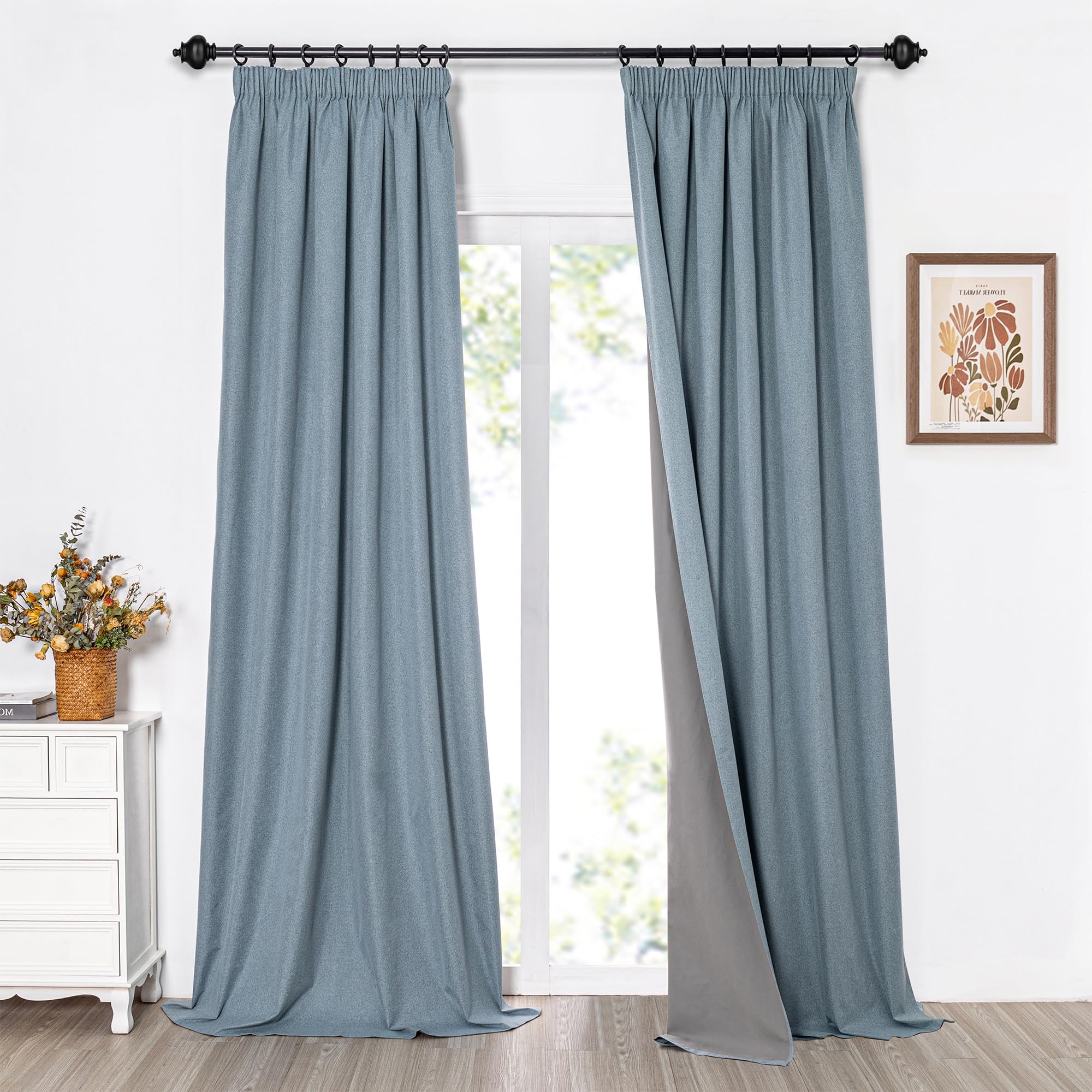 MYSKY HOME Curtains, Blackout Curtains with Ruffle Tape, Long Opaque Curtains, Heat-Insulated, Set of 2, Blackout Passages Coating, Sun Protection for Bedroom, 260 x 140 cm, Grey Blue