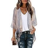 Women's Floral Print Puff Sleeve Kimono Cardigan Loose Cover Up Casual Blouse Tops