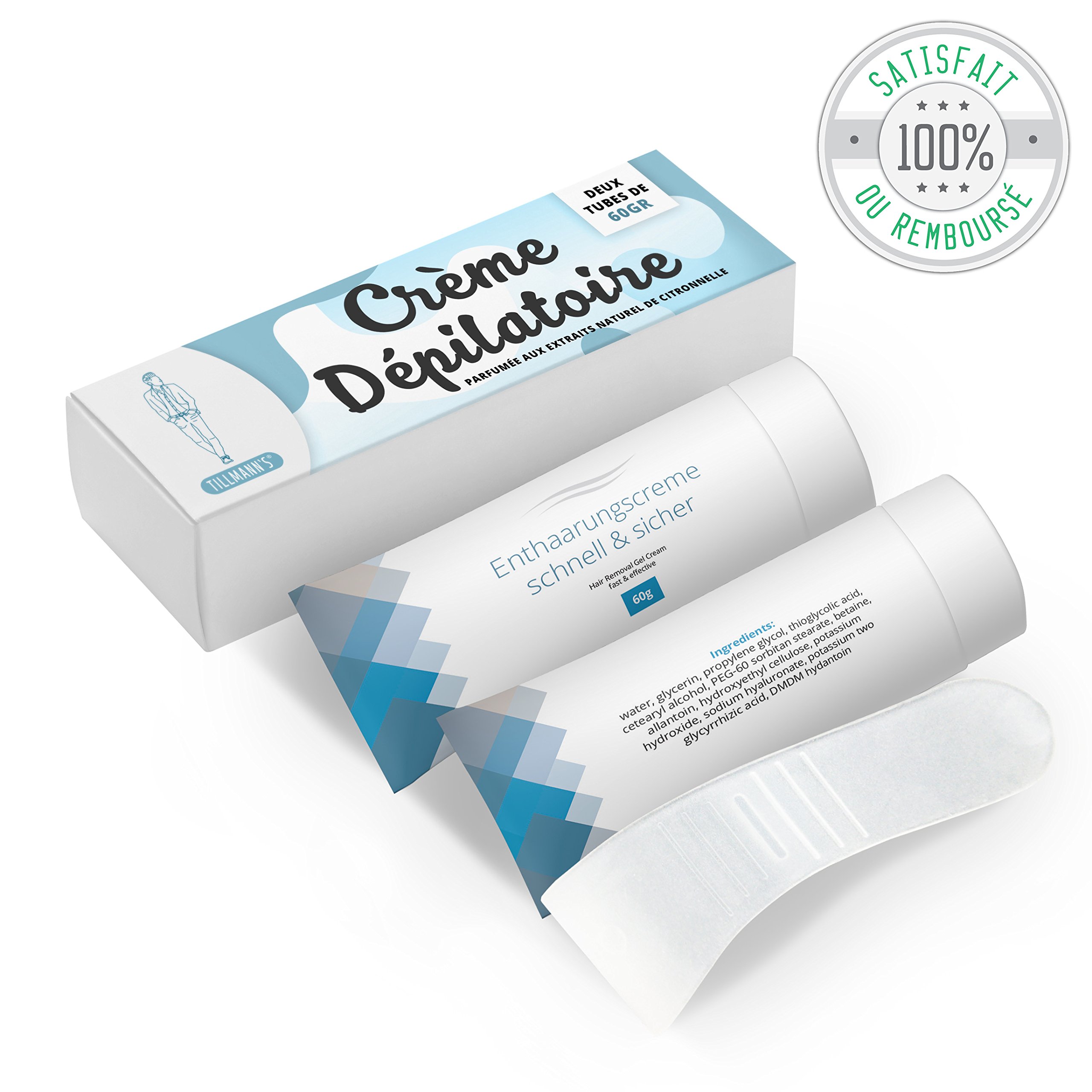 Tillmann\'s Crème Dépilatoire/2 Tubes/Crème Epilation Hydratante Naturelle. Parfum exquis à la citronnelle/Pour Homme et pour Femme - Livrées avec une spatule/Instructions d\'utilisation en Francais