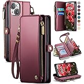Defencase Compatible with iPhone 14 Case Wallet with RFID Blocking Card Holder for Women and Men, Fashion PU Leather Magnetic Snap Flip Zipper Strap Wallet Phone Case Fit for iPhone 14 6.1", Wine Red