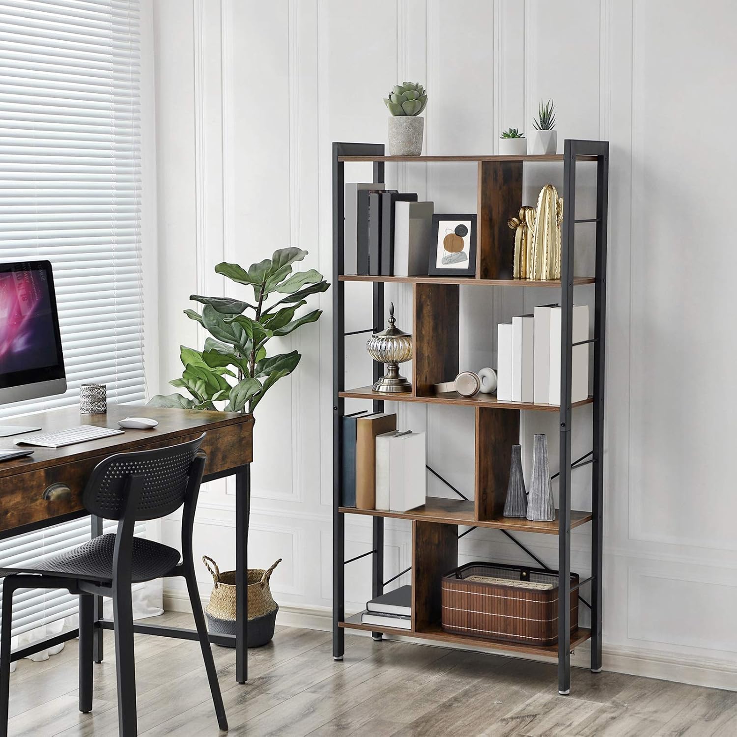 Greige and Black LBC012B02 Stable Steel Frame Floor Standing Bookcase VASAGLE Bookshelf Large 4