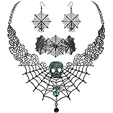 BriLove Halloween Costume Spider Cobwebs Crystal Necklace Earrings Set Gothic Skull Pendant Collar Jewelry for Women Cosplay Party Prom