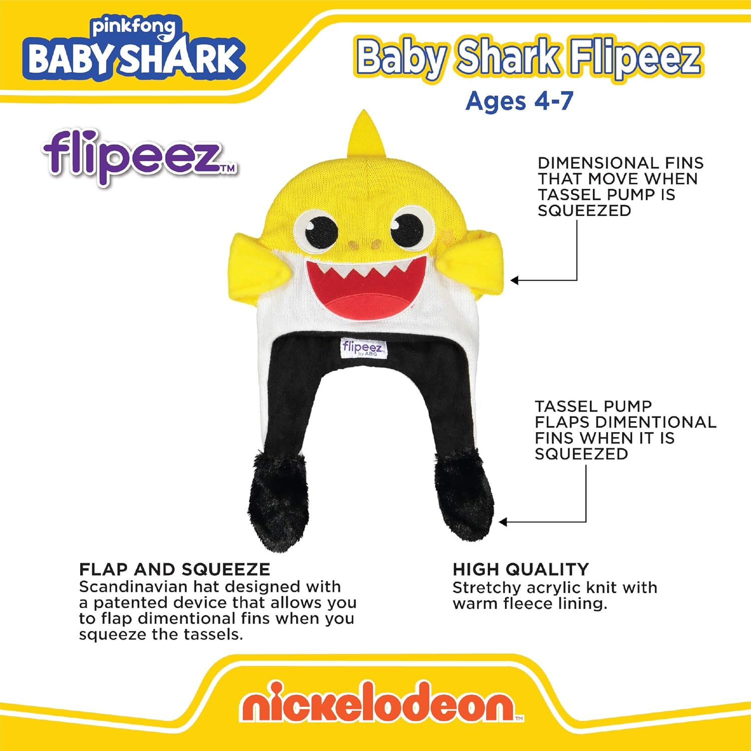 Nickelodeon Winter Hat Squeeze and Flap Fun Cold Weather Beanie for Children, Yellow/White, Little Kids Age 4-7: Clothing