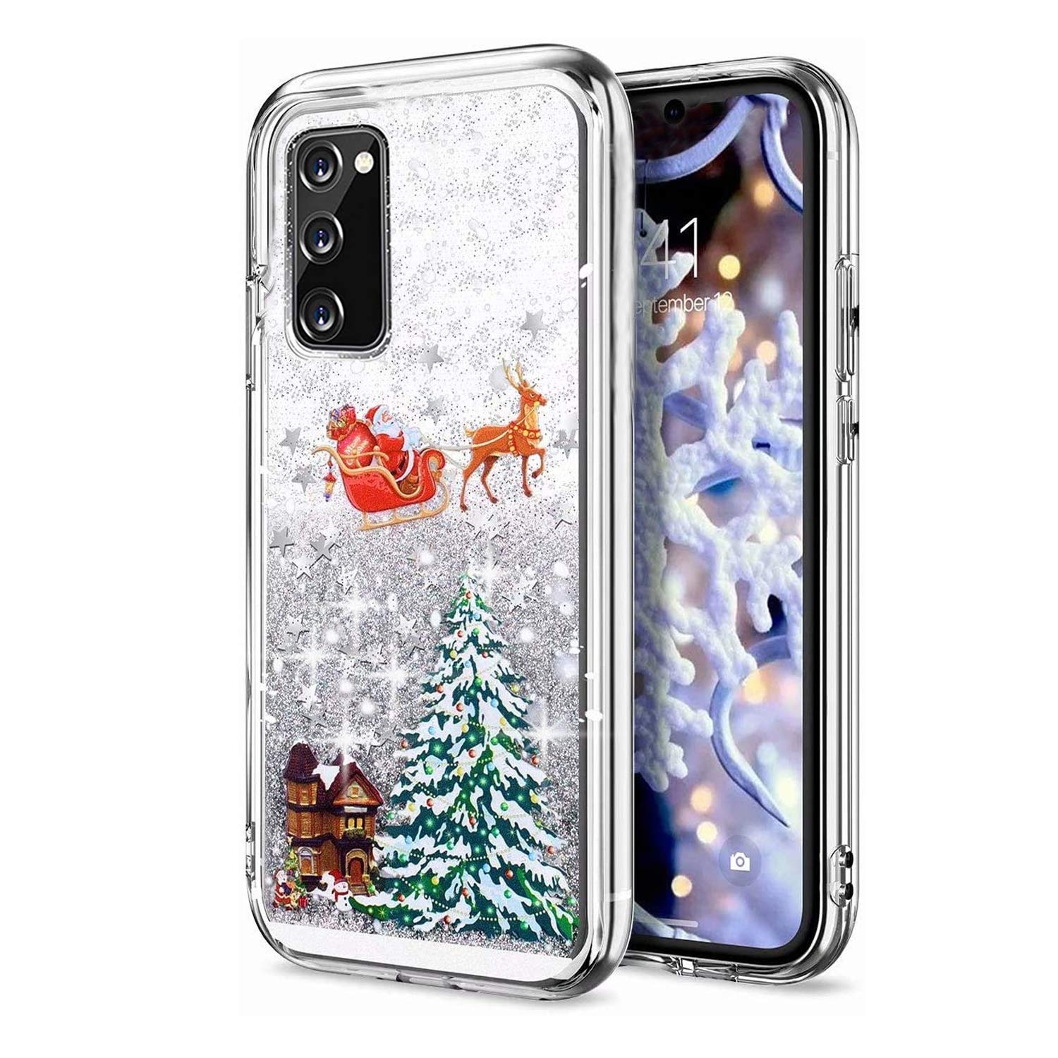 Reevermap Samsung Galaxy S20 FE Case Christmas S20 FE 5G Phone Case, Protective Clear Shiny Glitter Liquid Floating Soft Silicone Xmas Santa Claus Cover for Samsung Galaxy S20 FE/S20 FE 5G, Silver