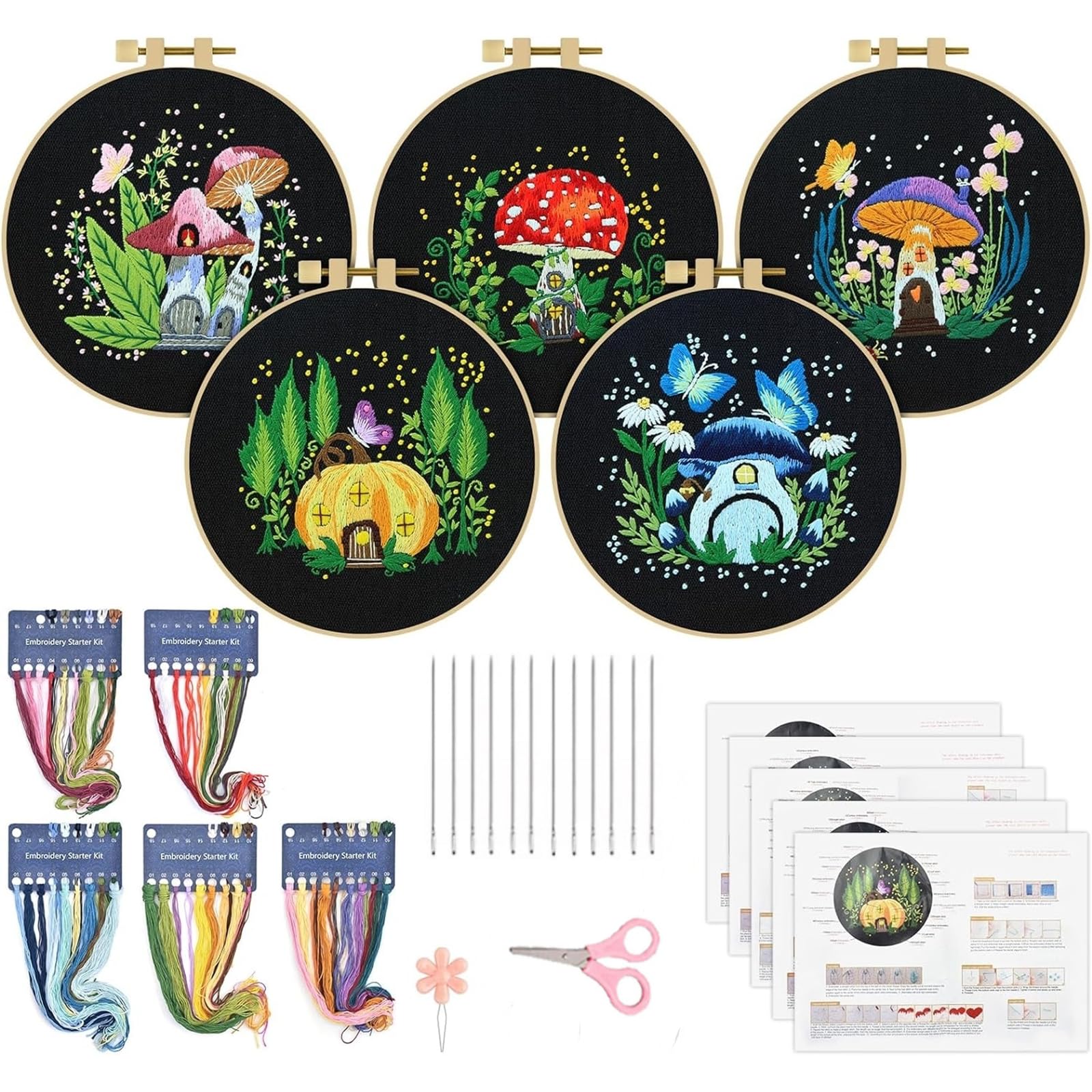 Hodeffior 5 Sets Embroidery Kit for Beginners Art Craft Handy Sewing Set Mushroom Cross Decoration Painting Stitch Starter Kits