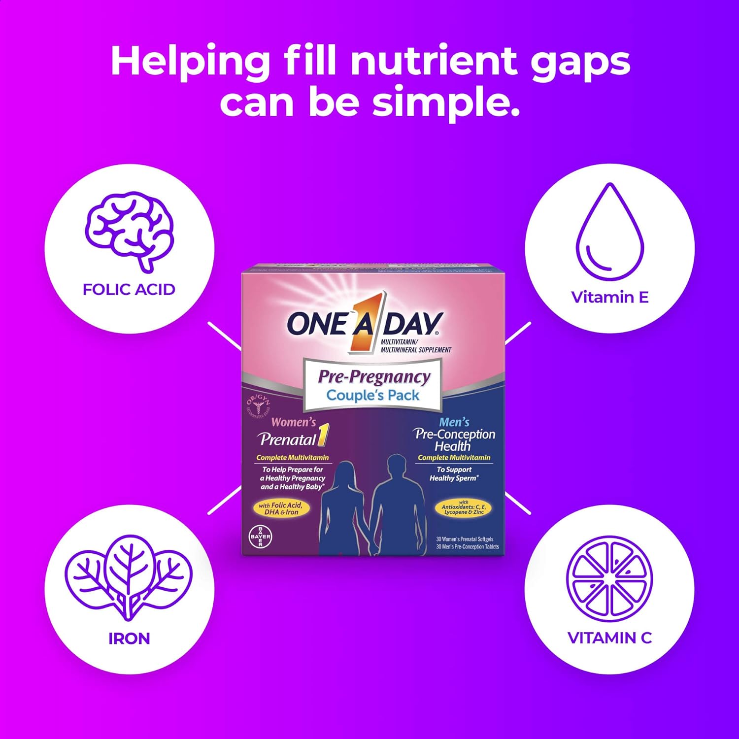 One A Day Men's & Women's Pre-Pregnancy Multivitamin including Vitamins A, Vitamin C, Vitamin D, B6, B12, Folic Acid & more, 30+30 Count, Supplement for Before, During, and Postnatal: Health & Personal Care