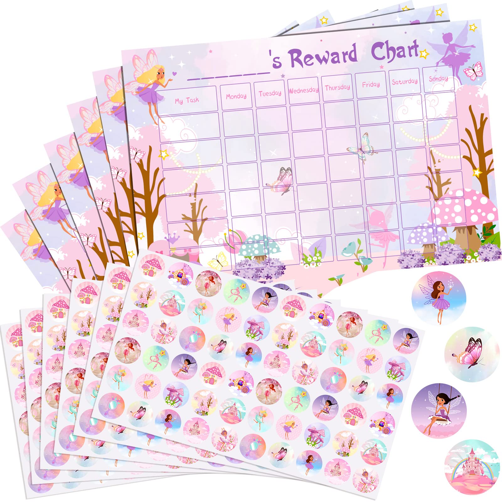 Outus 12 Pieces Reward Chart with Stickers Include 6 Pieces Behaviour Charts, 6 Sheets/ 360 Pieces Reward Chart Reusable Stickers for Girls Children Behaviour Training (Fairy Style)