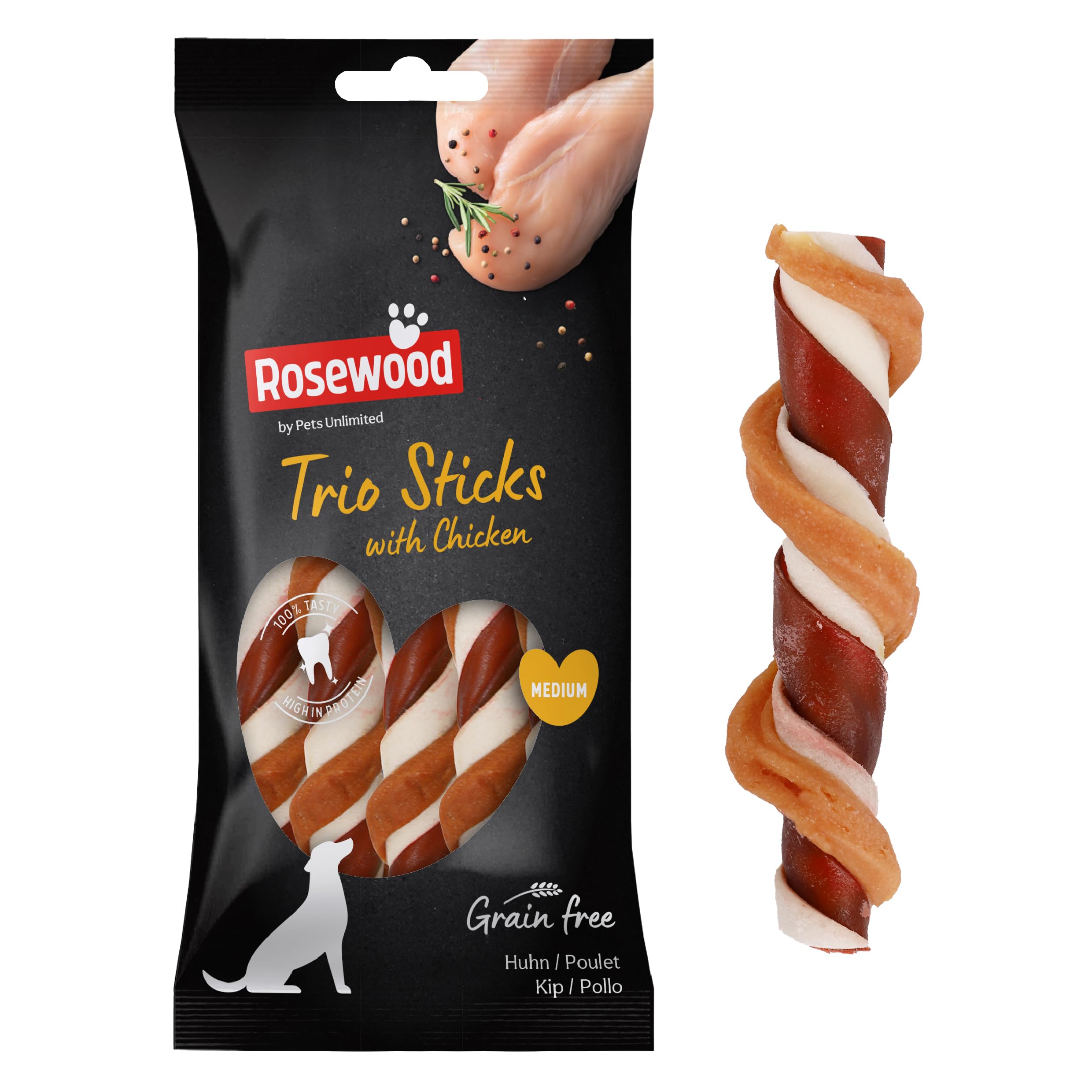 Rosewood Medium Trio Sticks for Dogs - Made with Chicken, Grain Free Chews, High Protein Dog Treats, By Pets Unlimited (3pc, 90g)