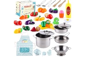 35 Pcs Kitchen Pretend Play Accessories Toys,Cooking Set with Stainless Steel Cookware Pots and Pans Set,Cooking Utensils,Apr
