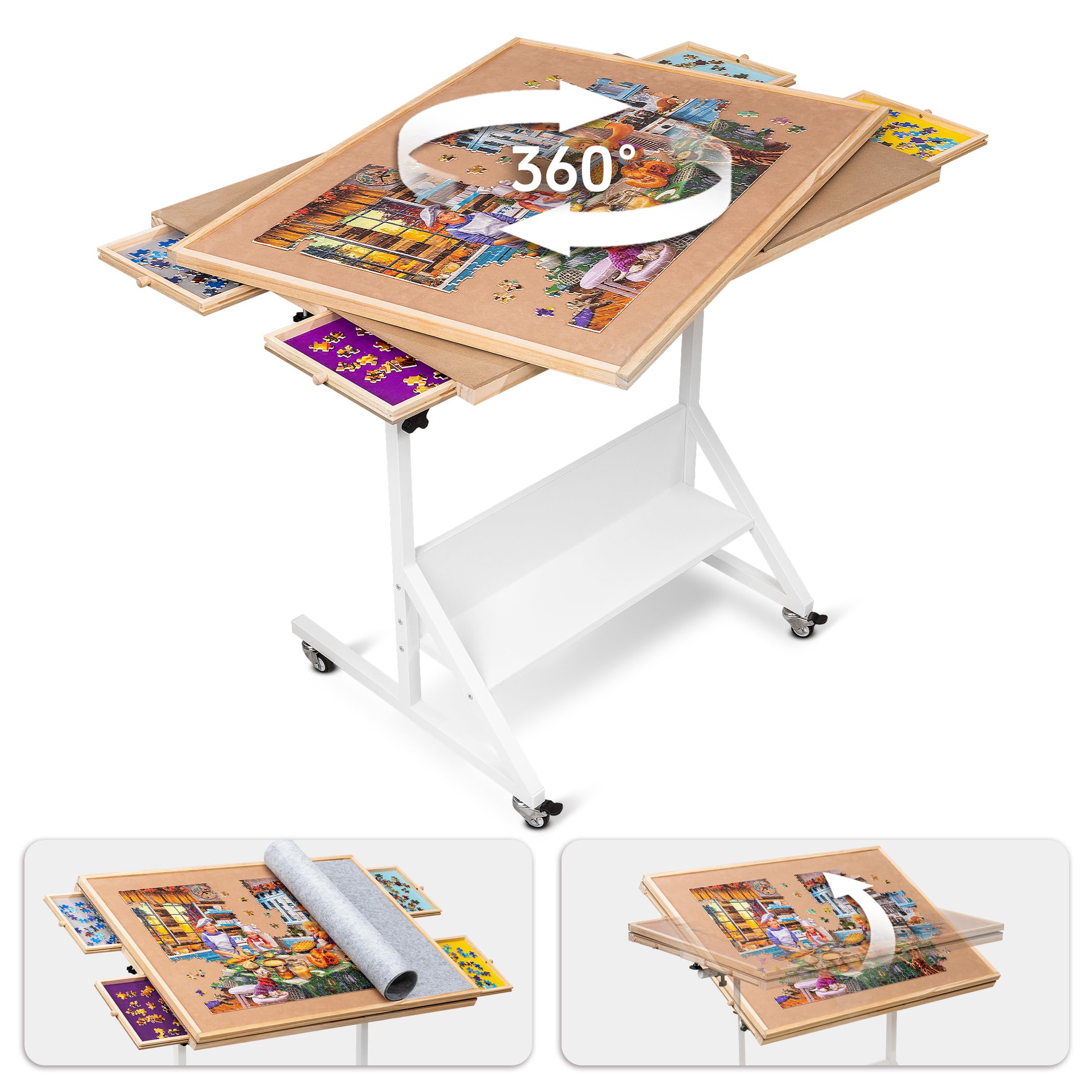 Photo 1 of Tektalk Rotating Jigsaw Puzzle Table with Angle & Height Adjustment, Wooden Puzzle Board with Cover & 4 Colored Drawers, Tilting Puzzle Easel with Legs & 4 Roller Wheels, for Up to 1500 Pieces