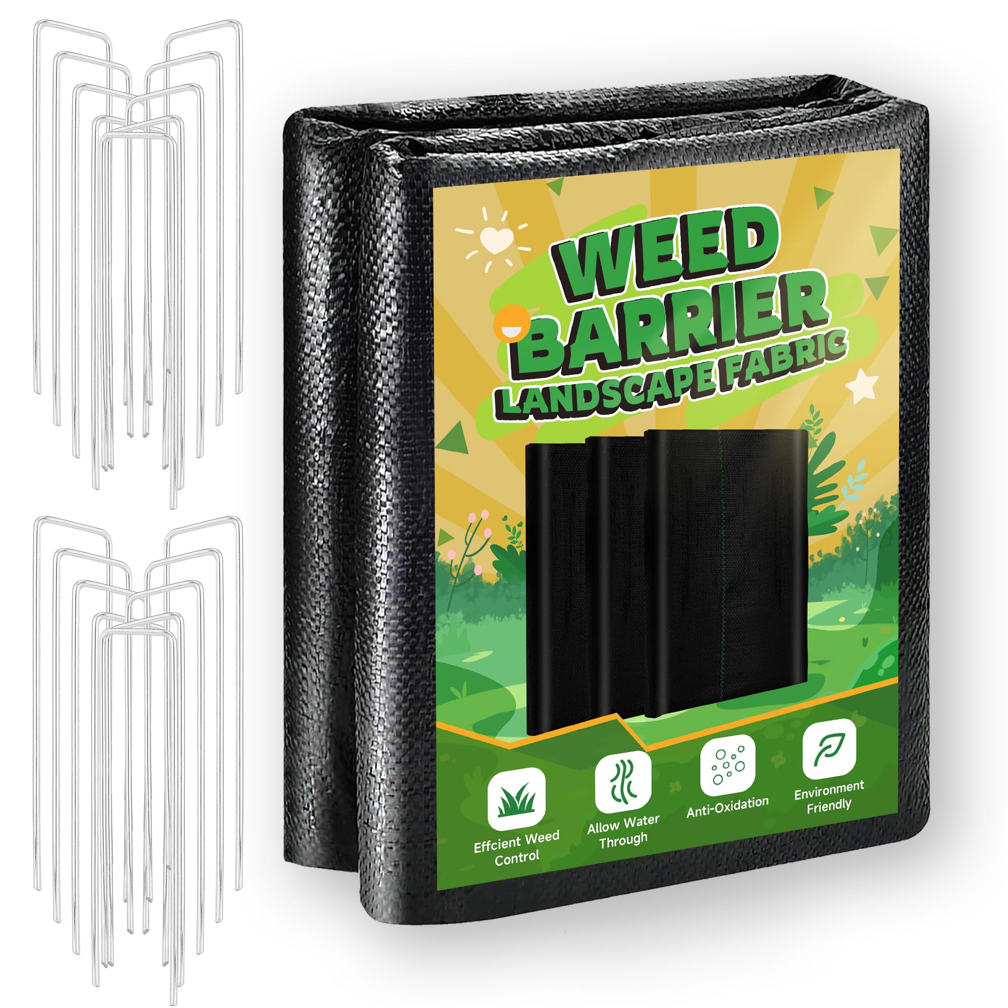 Photo 1 of 1.3FT x 50FT Weed Barrier Landscape Fabric Heavy Duty, 3.2oz Premium Gardening Weed Control Mat with 10 U-Shaped Securing Pegs, Ground Cover for Garden Beds, Farming, Underlayment, Commercial Driveway