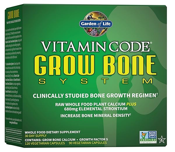 GARDEN OF LIFE CALCIUM SUPPLEMENT – VITAMIN CODE GROW BONE MADE WITH WHOLE FOODS, STRONTIUM, MAGNESIUM, K2 MK7, VITAMIN D3 & C PLUS PROBIOTICS FOR GUT HEALTH, 30 DAY SUPPLY