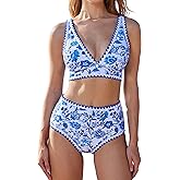 MOOSLOVER Women Bikini Sets Plunging High Waisted Swimsuit Whip Stitch 2 Piece Bathing Suits
