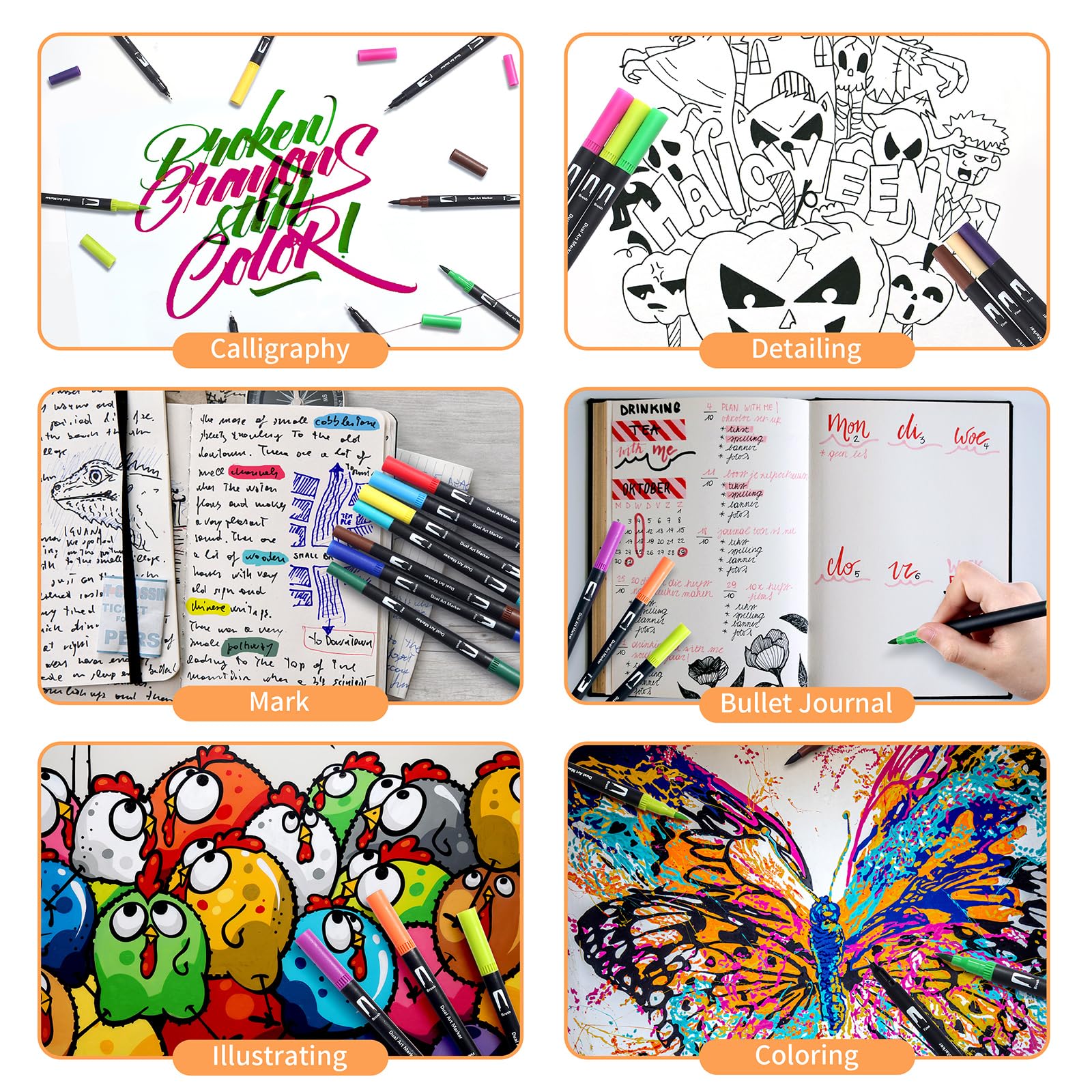 Art Markers Brush Pen, Markers for Adult Coloring Books No Bleeding,32 Colored Pens Fine Point Highlighter Pen & Brush for Adult Kids Coloring Journaling Note Taking Planner