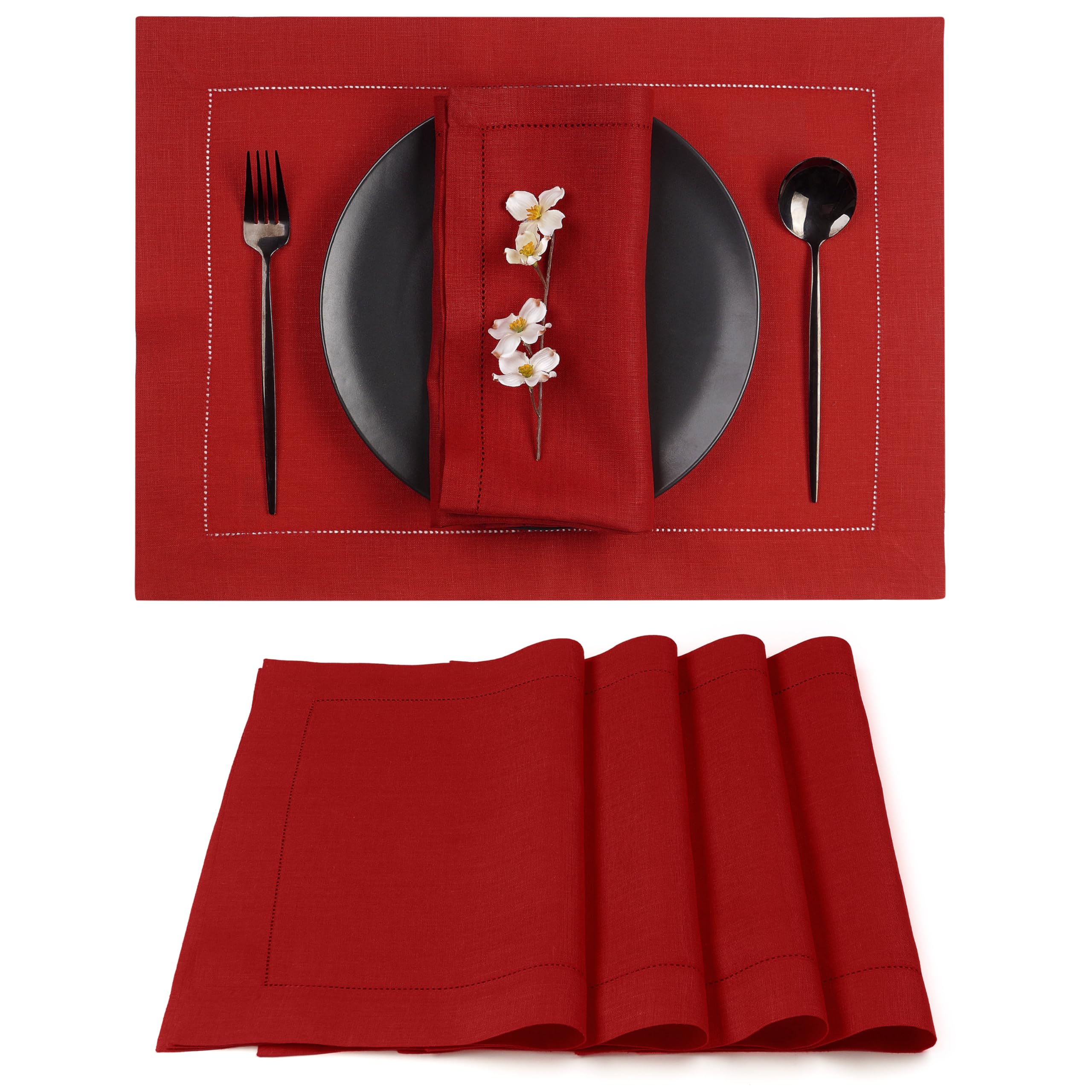 Photo 1 of D'Moksha Homes Red Linen Placemats Set of 4 - Classic Hemstitch Placemats 14 x 19 Inch - 100% Pure Linen Table Mats for Fall, Autumn and Halloween - Handcrafted and Machine Washable