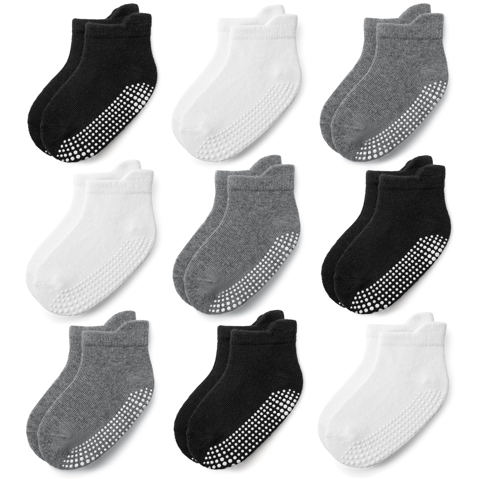 Photo 1 of JAKIDAR Baby Toddler Socks Non Slip 9 Pairs Cotton Ankle Grip Socks for Boys Girls Baby Kids Infants Children, 2-4T, Black/white/gray