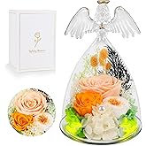 YOFIT Gifts for Women Mom-Preserved Roses in Glass Angel Figurine, Forever Fresh Flowers for Her Grandma, Gifts for Valentines Mother's Day Birthday (Champagne, Lights)