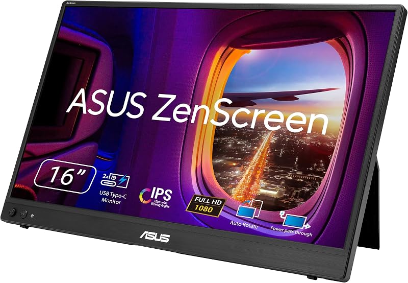 ZenScreen MB16AHVE - Ecrã portátil de 16 polegadas (diagonal útil de 15,6 polegadas), FHD, painel IPS, alimentação com fios, rotação automática, tripé, USB tipo-C®, mini HDMI®, sem cintilação