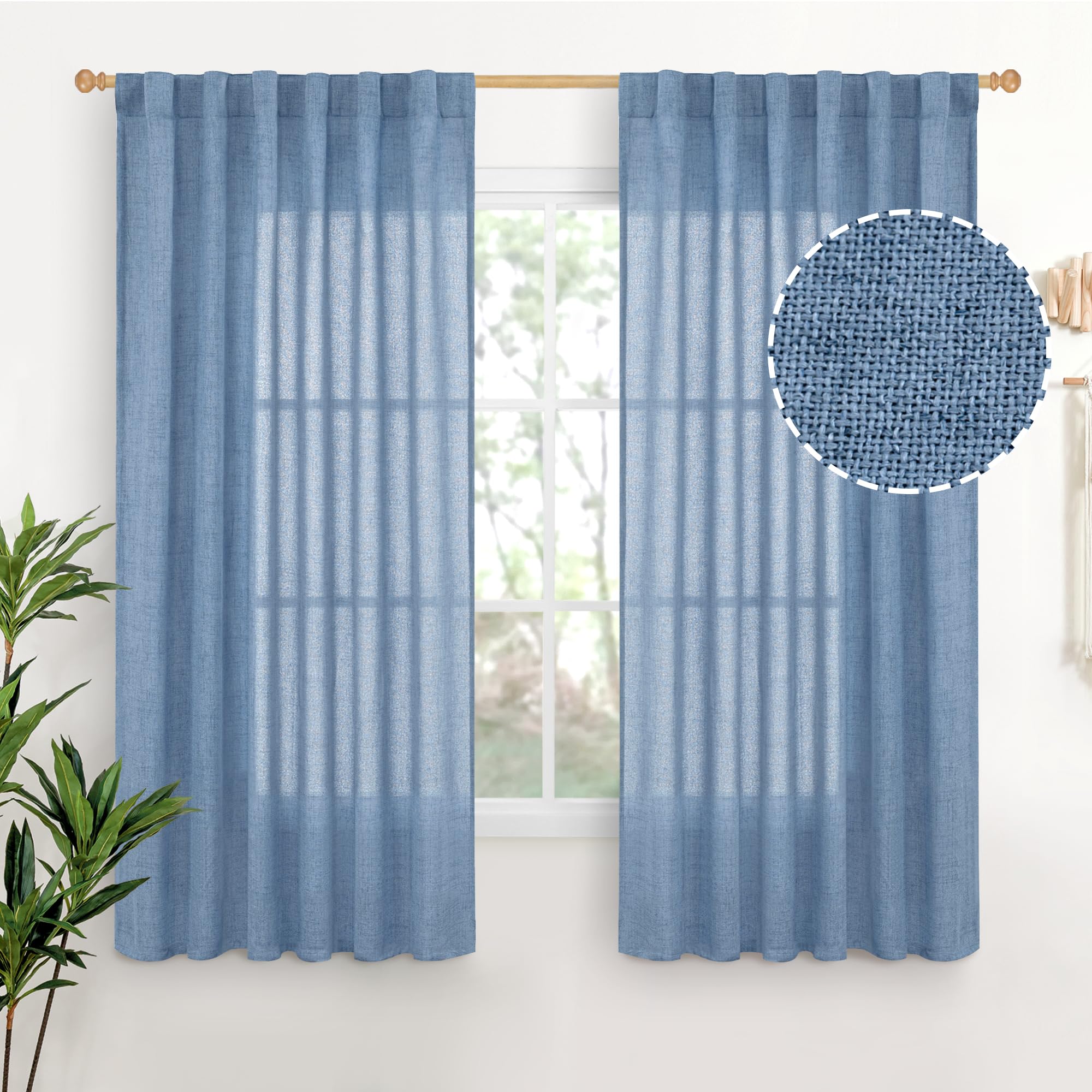 YoungsTex Denim Blue Linen Curtains 63 Inch Length for Bedroom - Light Filtering Semi Sheer Drapes with Back Tab Rod Pocket for Short Window Living Room Office Kitchen, 52 x 63 Inch, 2 Panels Image