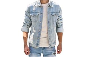 Jean Jacket Men Distressed Ripped Solid Color Button down Denim Jacket Coats Fashion Outerwear with Multiple Pockets