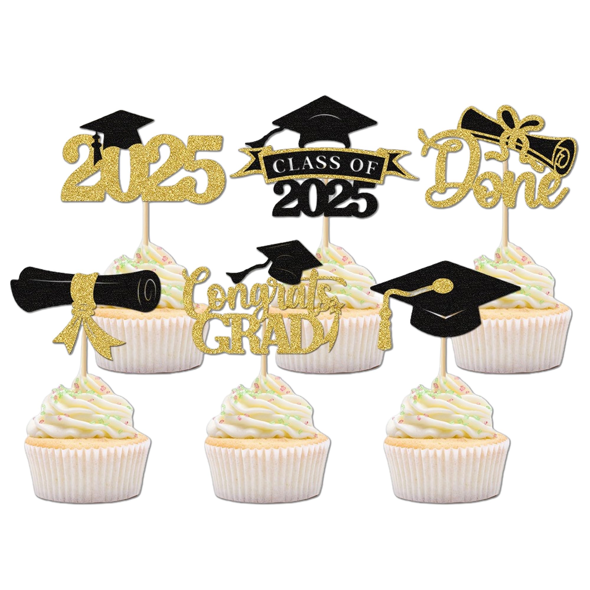 Photo 1 of 2025 Graduation Cupcake Toppers, 36 pack Glitter Class of 2025 Congrats Grad Cap Diploma Cupcake Picks for Graduation Party Decorating Supplies (Gold)