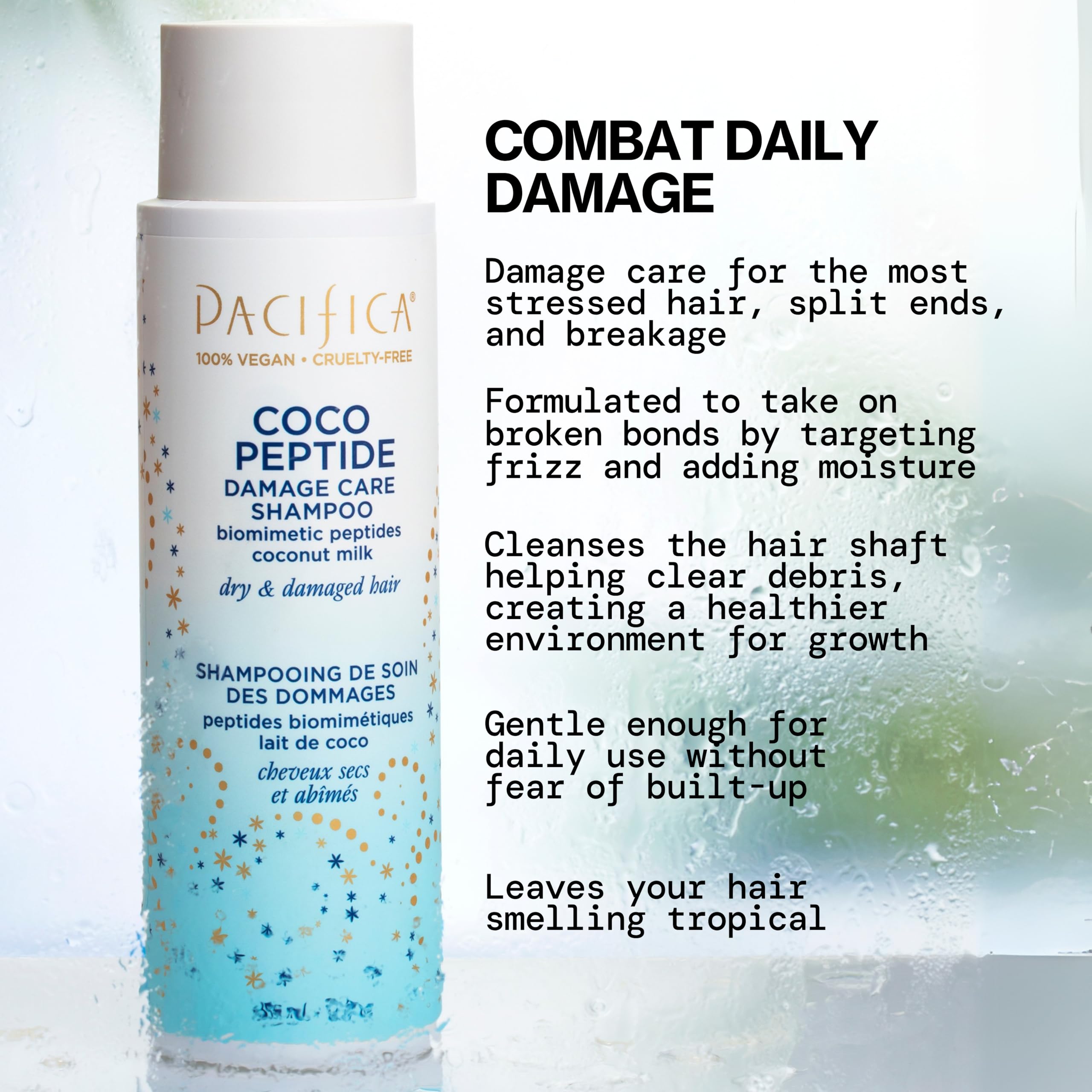 Pacifica Coco Peptide Damage Care Shampoo – Repairing Sulfate-Free Shampoo for Damaged Hair, Split Ends & Breakage, w/Collagen & Peptides Silicone-Free Clean Vegan & Cruelty-Free Dermatologist Tested