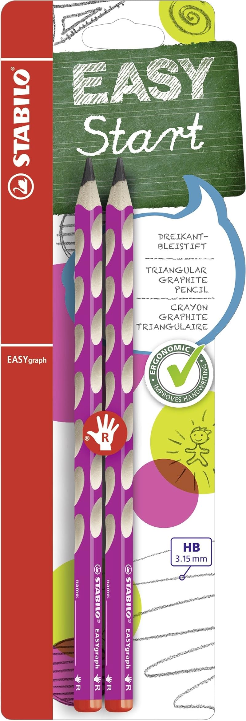 STABILO EASYgraph Ergonomic Graphite Pencil Right-Handed Pink HB Pack of 2