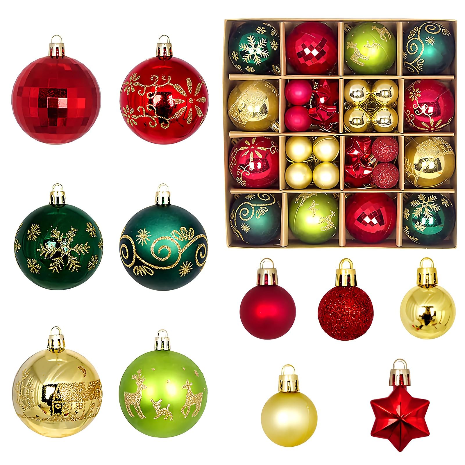 FOGAWA 44pcs Christmas Baubles Green Red and Gold Baubles 6cm/3cm Christmas Ball Ornaments Xmas Tree Bauble Shatterproof Hanging Balls for Xmas Party Home Decor