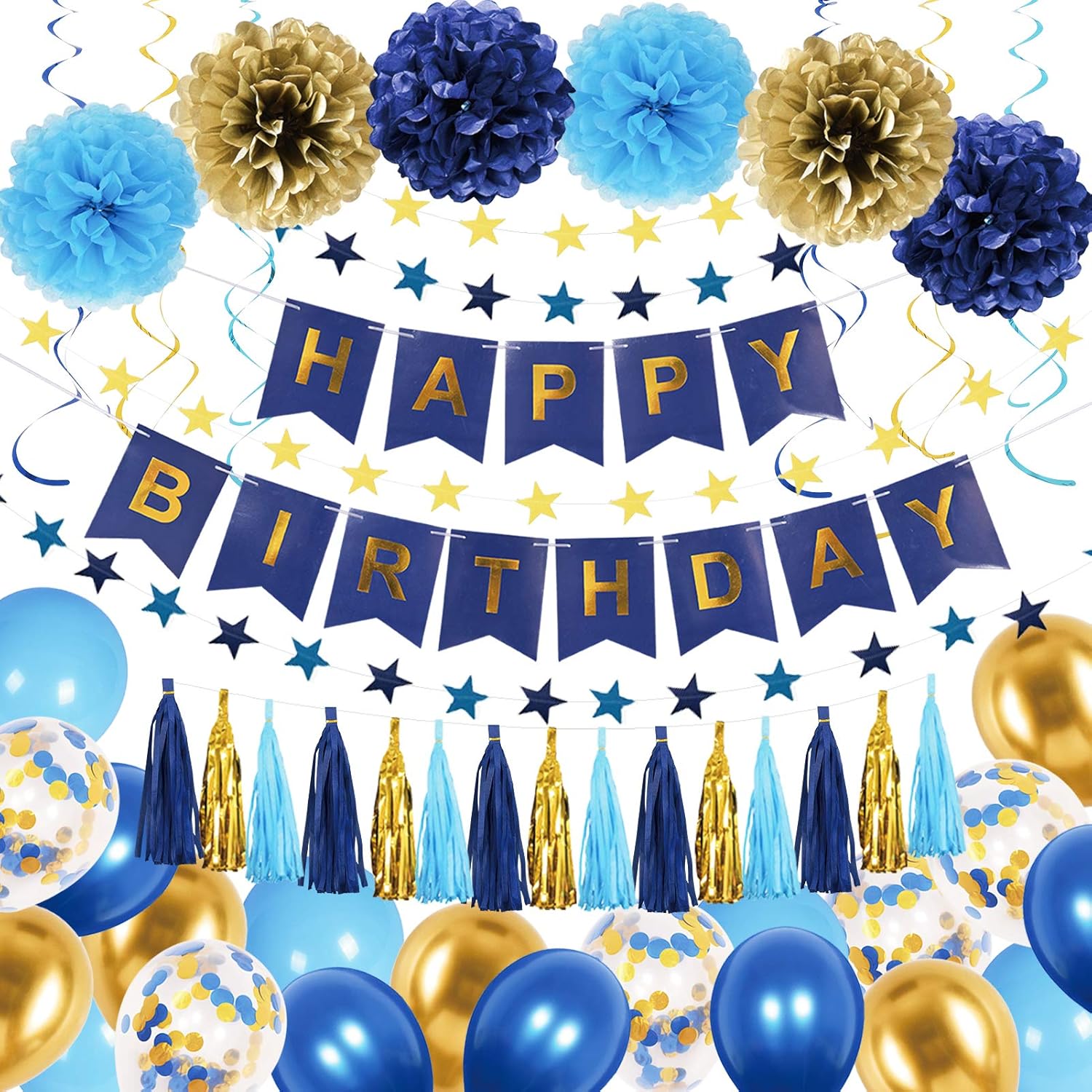 Navy Blue and Gold Birthday Party Decoration Kit, Latex