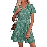 Simplee Womens Summer Floral Dress Casual Short Sleeve V Neck Empire Waist Boho Flowy A Line Mini Wedding Guest Dresses