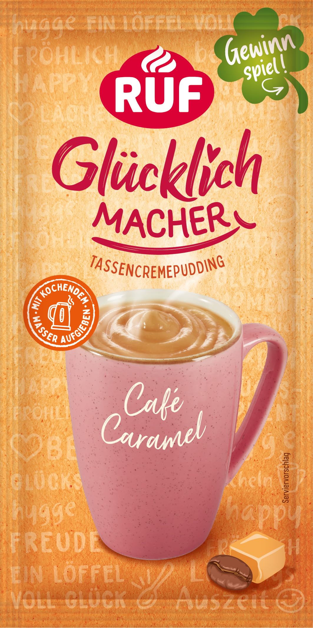 RUF Glücklichmacher Tassenpudding Café Caramel, Cremepudding für schnelle Desserts, Tassencremepudding, nur Wasser hinzufügen, 1 x 59g Beutel